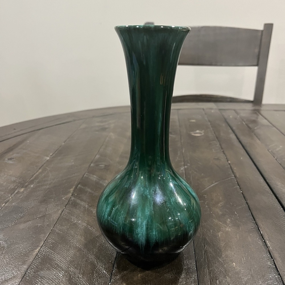 Blue Mountain Canada Green and Black‎ Drip Glaze Vase - Vintage Mid Century 8.5"